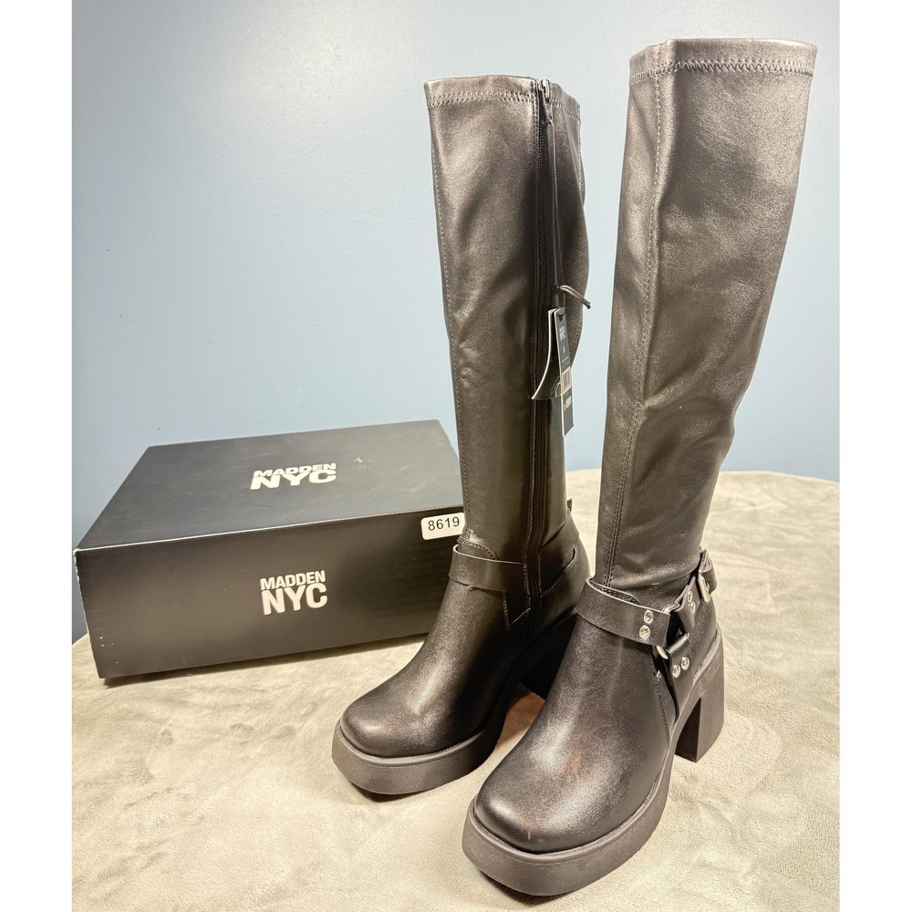 Madden NYC Boots Womens Size 6 Black Tall Biker Knee High Buckle Zip Block Heel